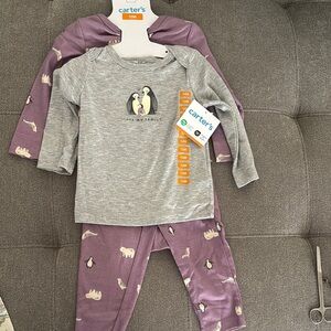 🌴Carter's Gray and Purple Penguin Pajama 3-Piece Set Size 12M